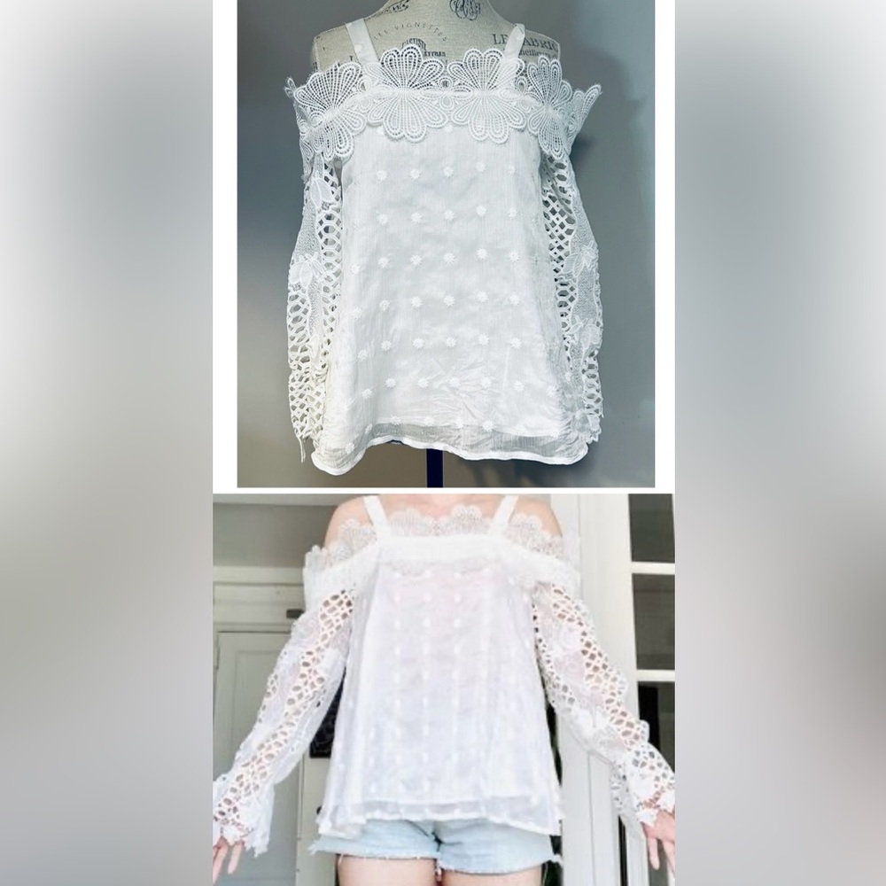 Allison New York Embroidered White Babydoll Lace Sleeves Top Anthropologie S